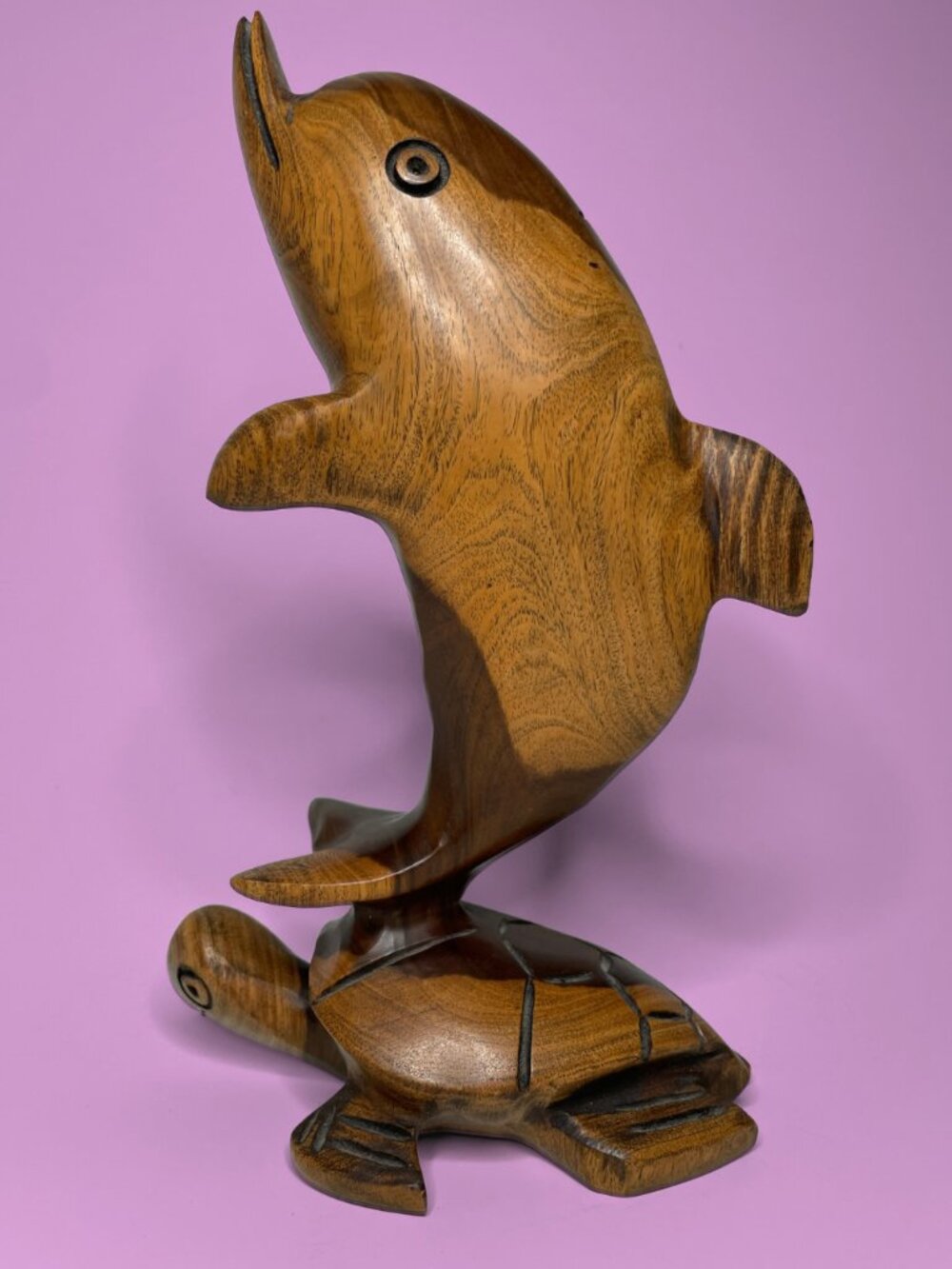 Vintage Hand Carved Two-Tone Wood Dolphin & Sea Turtle Sculpture